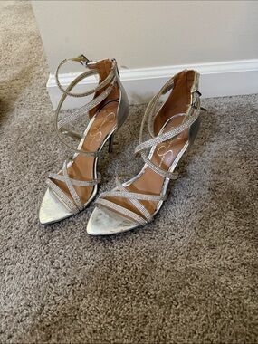 Jessica Simpson rhinestone wrap ankle stiletto sandals in silver
